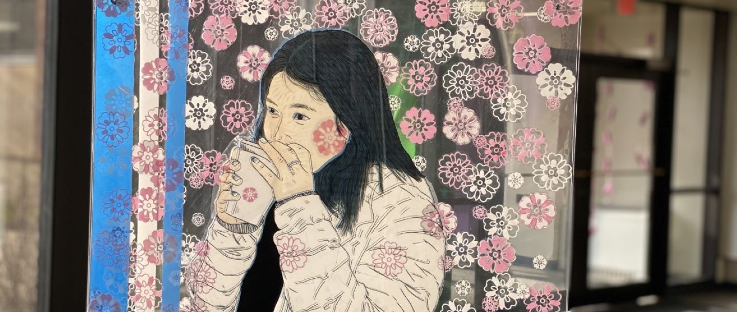 an art work of a girl sipping a cup of tea with flowers around her