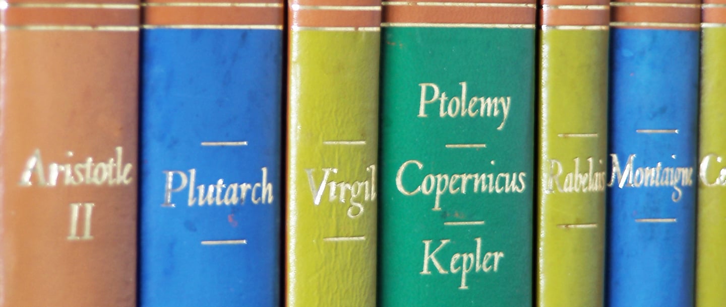 Books of Aristole II, Plutrach, Virgil, Ptolemy, Copernicus, Kepler,  Rabelais, Montaign in a bookshelfe
