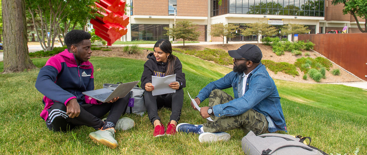 Three students studying outside