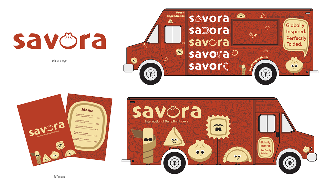 a red food truck with a menu and a red background