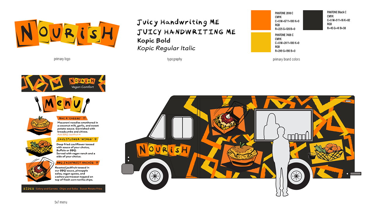 a black food truck with orange and yellow graphics