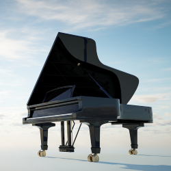 A polished black grand piano with an open lid, set against a bright sky.