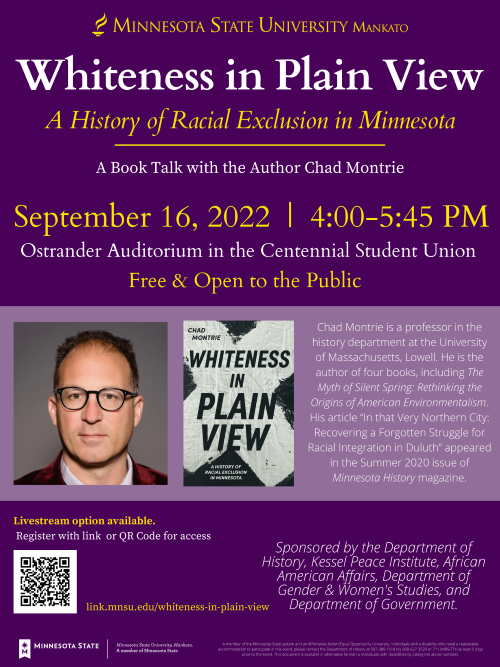 A flyer announcing Whiteness in Plain View: A History of Racial Exclusion in Minnesota