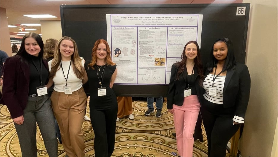 Psychology students standing by research poster