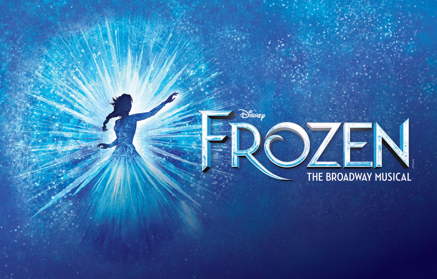 Disney's Frozen logo featuring Elsa casting blue light. various shades of blue surround the play logo.