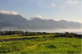 a green field with mountains in the background