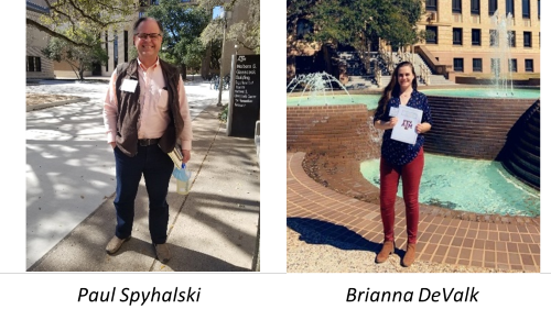 Paul Spyhalski and Brianna DeValk posing in separate photos outside on the Texas A&M University campus
