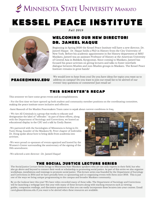 The cover of the fall 2019 edition of the Kessel Peace Institute newsletter
