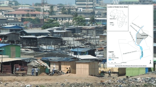 A photo of the squatter settlement of Old Fadama in Accra, Ghana with an image of a regional map