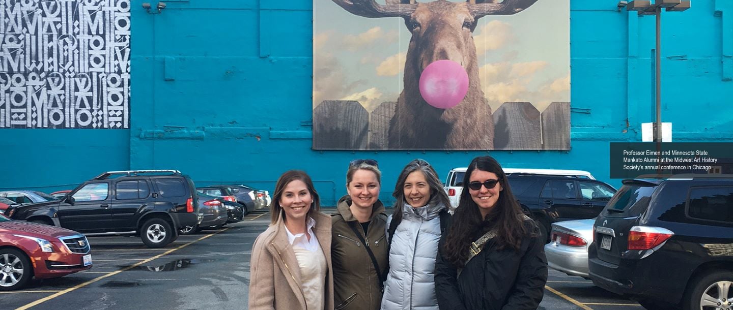 Professor Eimen and 3 Minnesota State University Alumni at the parking lot of Midwest Art History Society's annaul conference in Chicago
